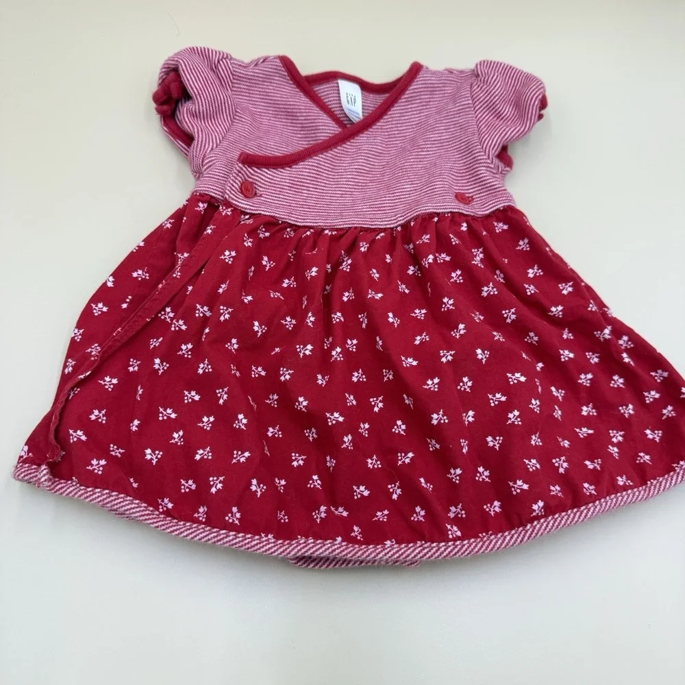 Baby‎ Gap Y2K Dress Baby Girl 0-3 M Red Cotton Holly Print Striped S/S USA VTG